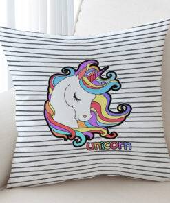Pastel Sleeping Unicorn Head Stripes Cushion Cover