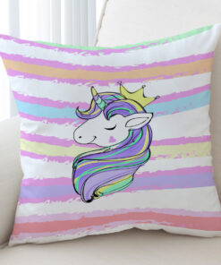 Happy Unicorn Queen Crown Colorful Stripes Cushion Cover