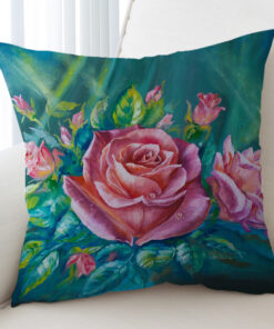 Watercolor Pink Roses Green Pattern Cushion Cover