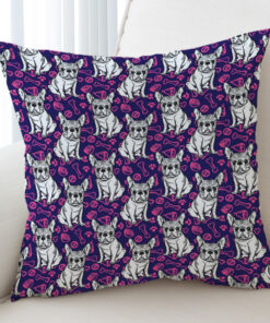 Multi Little Pug Cute Food Sketch Purple Pattern Cushion Cover